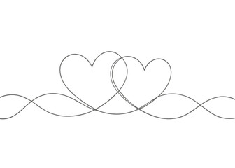 Continuous line drawing of two hearts on transparent background. Banner for valentine's day. Abstract hearts. PNG, ai generated