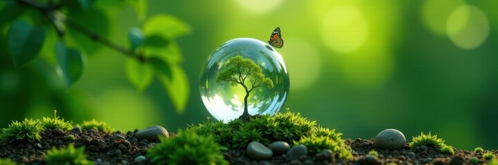 Crystal globe, growing tree, butterfly, green background, green, save planet