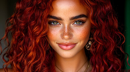 A striking portrait of a woman with vibrant red hair, curly locks, freckled skin, and captivating blue-green eyes, showcasing a fresh, natural beauty.