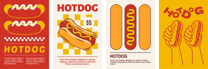 Vibrant Retro Hotdog Poster Designs Featuring Bold Graphics, Playful Typography, and Minimalist Layouts for a Timeless Appeal.