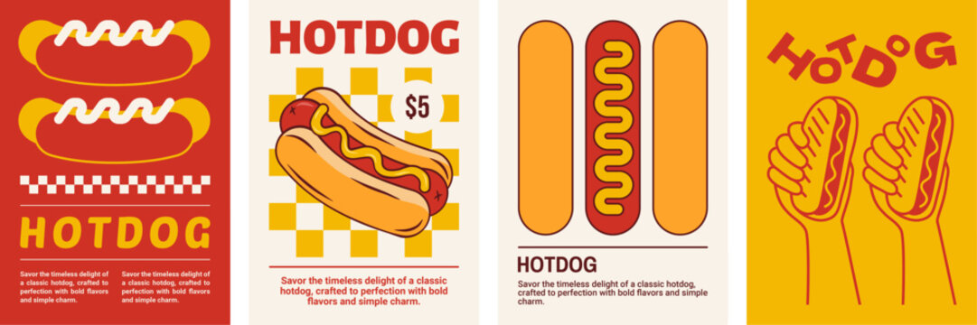 Vibrant Retro Hotdog Poster Designs Featuring Bold Graphics, Playful Typography, and Minimalist Layouts for a Timeless Appeal.