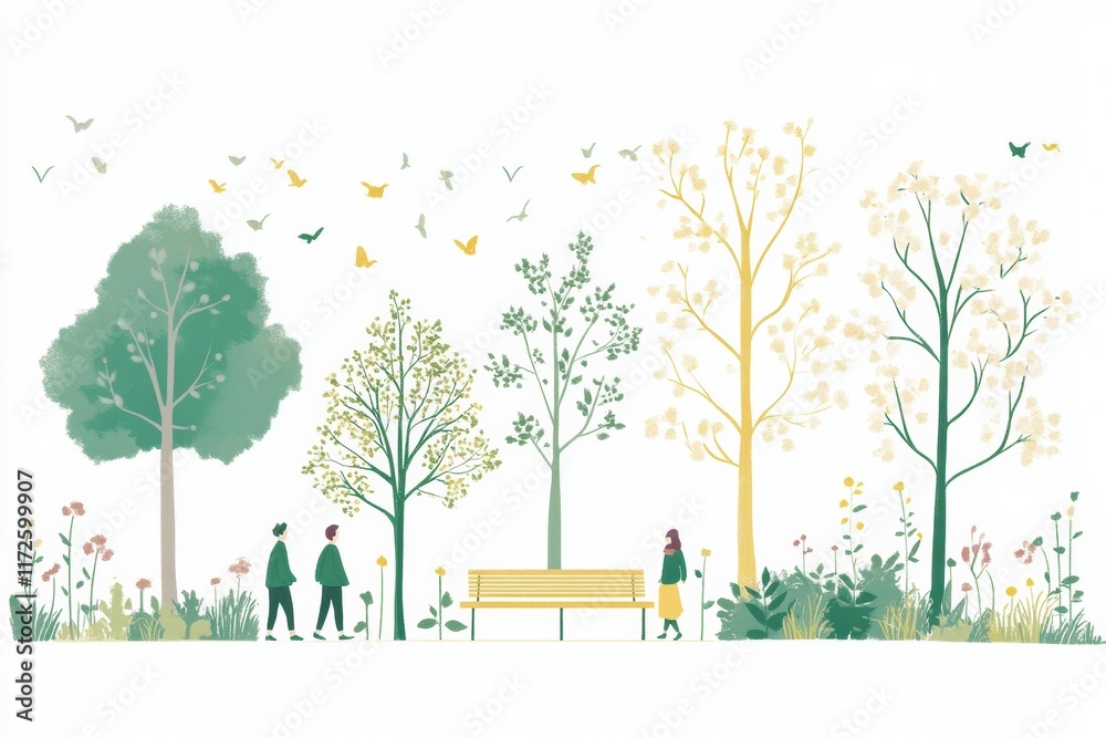 Poster playful doodle capturing a serene park setting with trees, flowers, and people enjoying nature in sp