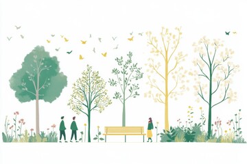 Playful doodle capturing a serene park setting with trees, flowers, and people enjoying nature in springtime freshness. Generative AI
