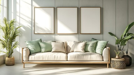 Sunny living room with sofa, plants, and blank frames; interior design mockup.