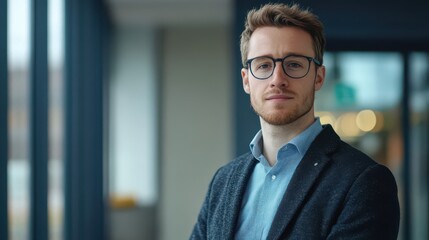 Obraz premium Confident Young Professional in Modern Office Setting