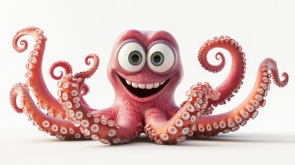 Obraz premium Cheerful cartoon octopus with big eyes and smile, isolated on white background.