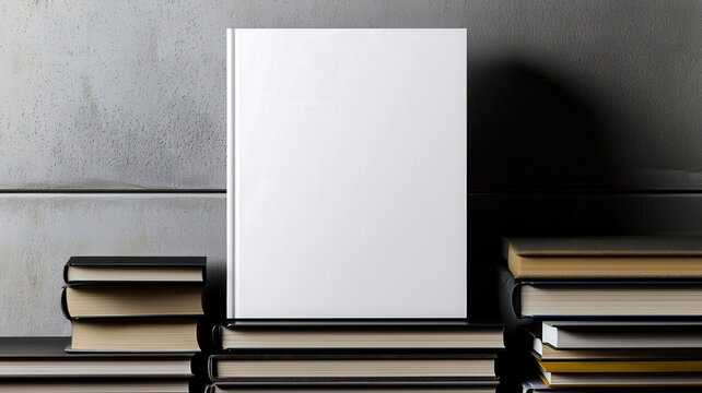 A mockup of a blank hardcover book rests on a stack of books, providing a perfect backdrop for showcasing book designs or logos, ideal for publishers and authors looking to present their work.