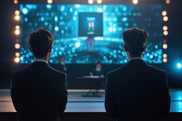 Two men observe a presentation on a digital stage during a corporate event in the evening