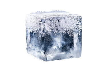 A clear ice cube with a frosty surface, showcasing bubbles trapped within, reflecting light.