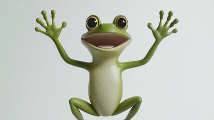 Happy cartoon frog with arms raised in joyful expression against white background.