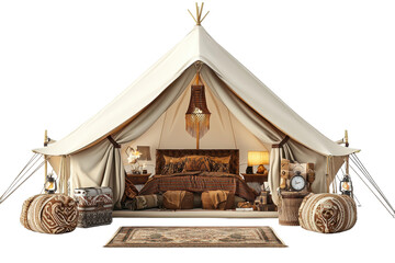 Obraz premium A luxurious glamping tent featuring elegant furnishings, decorative elements, and cozy lighting, ideal for upscale outdoor experiences.