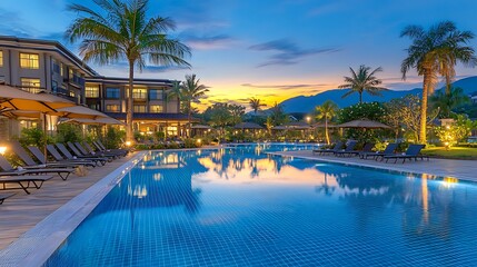 Luxury Resort Pool at Sunset: Tranquil Tropical Getaway