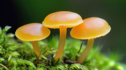 Close-Up of Tiny Orange Fungi Among Moss