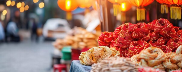 Fototapeta premium Chinese new year festive markets concept. Close-up of a vendor displaying vibrant red and gold Chinese knots, glowing lanterns adding charm to the market atmosphere