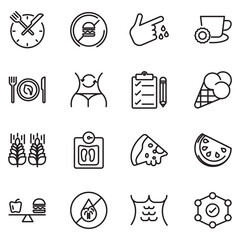 Nutrition set of web icons in line style. Healthy food linear icon collection. Containing food, vegetables, water, palm oil free, сaunt calories