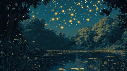 Night forest scene with stars and fireflies over a calm lake. Lush trees frame the tranquil water.