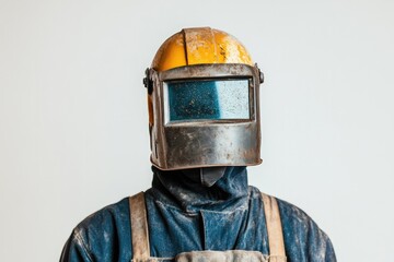 Welding helmet with yellow top, worn by worker in protective gea