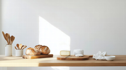 minimalist wooden kitchen table displaying artisanal bread, cheese, and utensils, creating warm and inviting atmosphere. Perfect for cozy dining experience