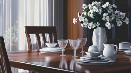 sleek wooden kitchen table set featuring elegant dinnerware, glassware, and beautiful floral arrangement, creating warm and inviting dining atmosphere