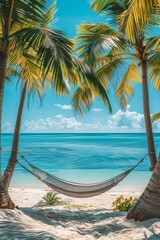 Relaxing hammock between two palm trees on a beautiful tropical beach with white sand and crystal clear water. The perfect place to relax and enjoy the view.