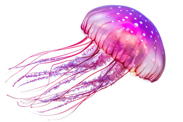 A vibrant jellyfish with a pink dome and long, flowing tentacles, showcasing delicate patterns and bioluminescent qualities.