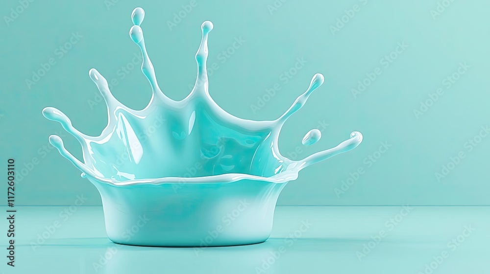 Poster Splash abstract background concept. A vibrant splash of milk creating a crown shape against a soft blue background.