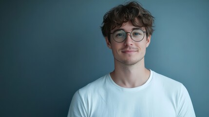 Fototapeta premium Young Adult Smiling with Glasses Against a Blue Background