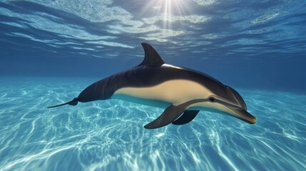 Obraz premium A dolphin swimming gracefully in clear blue water.