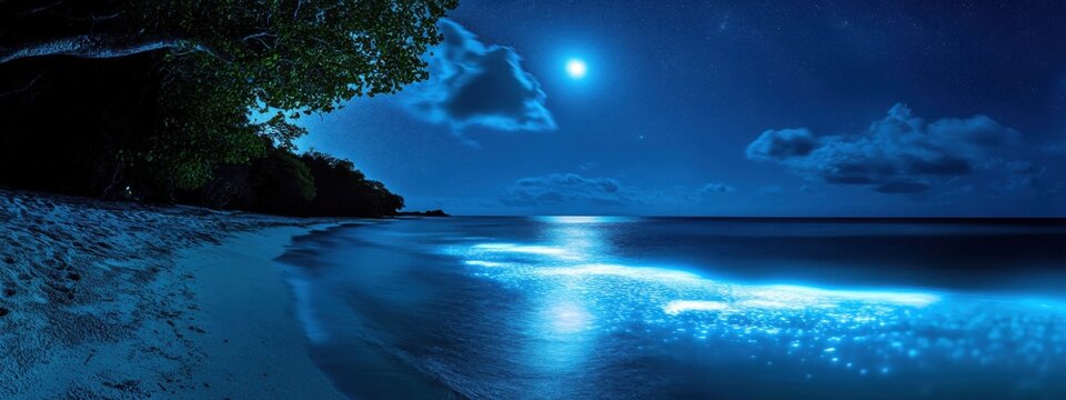 An enchanting view of a bioluminescent bay glowing under a crescent moon in Mosquito Bay, Vieques, Puerto Rico