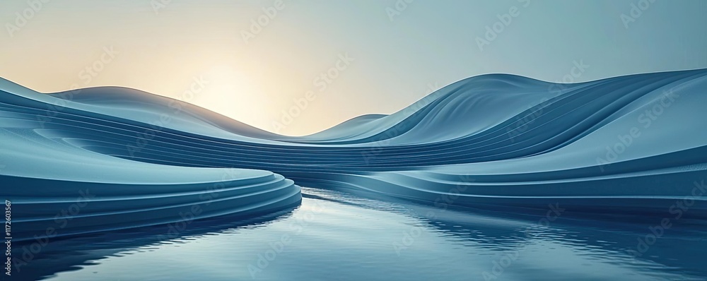 Poster waves abstract background idea. serene blue landscape with flowing curves and a reflective river at 