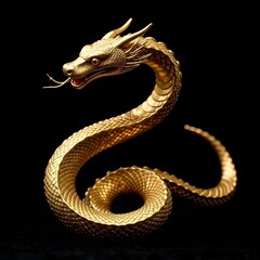Fototapeta premium Golden Snake isolated black background. Luxury Lunar symbol Chinese New Year. Perfect template design for greeting poster card flyer cover. 2025 New Year asian Luna symbol. 