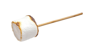 A roasted marshmallow on a wooden stick, showcasing a golden-brown exterior and a fluffy white interior.