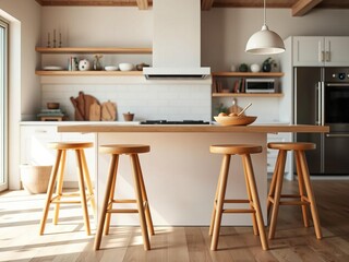 Wooden vintage table top or shelf closeup in a zen mood, set over a contemporary minimalist Scandinavian white and wooden kitchen with island and stools, Scandinavian, zen mood