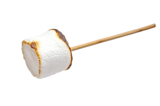 A roasted marshmallow on a wooden stick, showcasing a golden-brown exterior and a fluffy white interior.