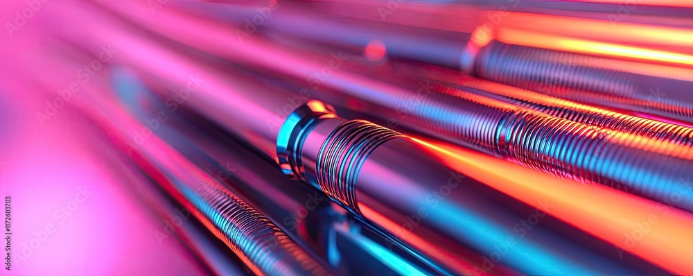 Poster metallic abstract background concept. close-up of metallic tubes illuminated with vibrant neon color