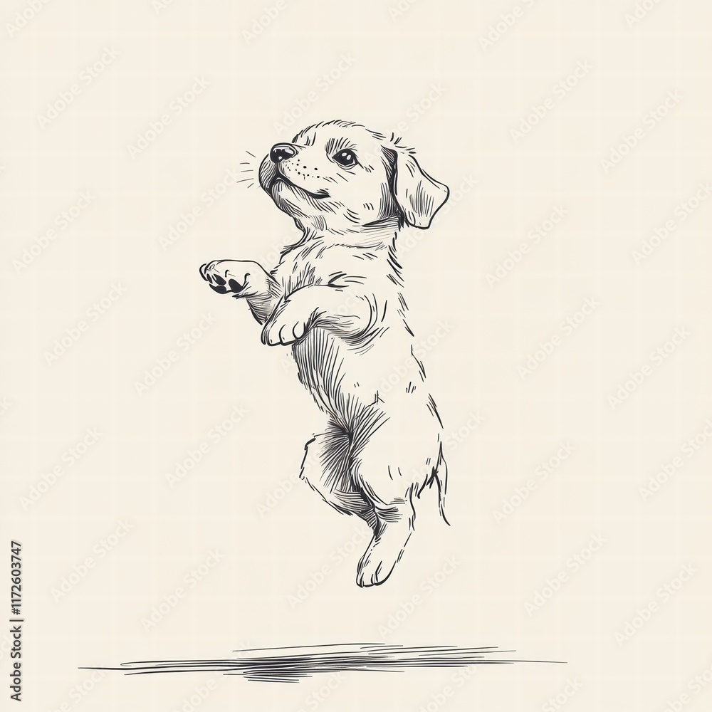 Aufkleber Joyful puppy leaps in happiness during a playful moment captured in an illustrative style on a light background. Generative AI