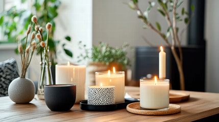 cozy living room scene featuring various candles on wooden table, creating warm and inviting atmosphere. arrangement includes decorative elements like plants and vases
