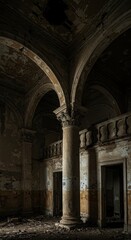 Fototapeta premium Interior of Old Abandoned Building with Arches and Columns