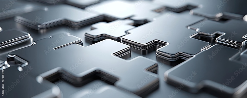 Poster Metallic abstract background concept. Close-up of metallic puzzle pieces symbolizing complexity and connection.