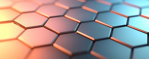 Fototapeta premium Metallic abstract background concept. Close-up view of a hexagonal pattern with a modern metallic finish and vibrant colors.