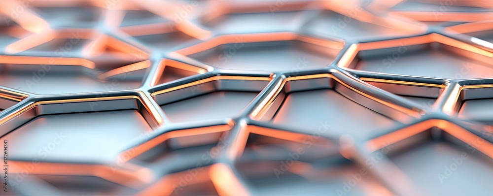 Poster Metallic abstract background concept. Close-up view of a futuristic, metallic hexagonal structure reflecting light.
