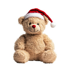 Obraz premium Festive Teddy Bear: A charming teddy bear wearing a Santa hat sits with an inviting smile, embodying warmth and holiday cheer. This image perfectly captures the essence of the season.