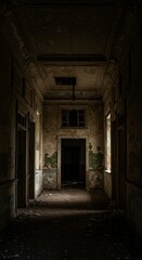 Obraz premium Dark Abandoned Hallway Interior with Peeling Paint and Doorways