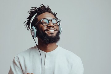 Obraz premium Smiling man enjoys music with headphones, showcasing joy and rel