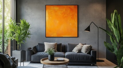 Generative AI, Contemporary living room with a bold orange artwork