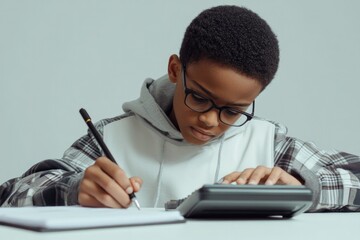 Focused child solving math problems with calculator and notebook