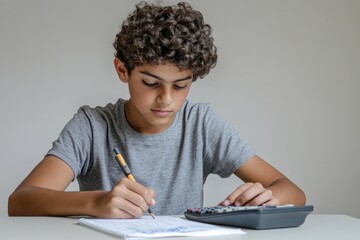 Focused student solving math problems with calculator and notebo