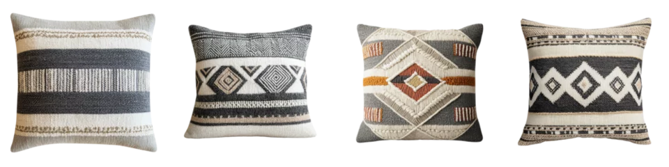 Assortment of decorative throw pillows and cushion covers featuring a variety of vibrant tribal ethnic and geometric patterns in modern minimalist and bohemian styles