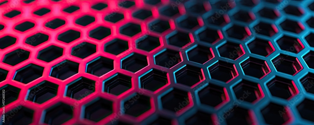 Aufkleber Metallic abstract background concept. Close-up view of a vibrant hexagonal pattern with dynamic lighting effects.