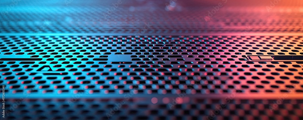 Poster Metallic abstract background concept. Vibrant close-up of a perforated metallic surface with colorful lighting effects.